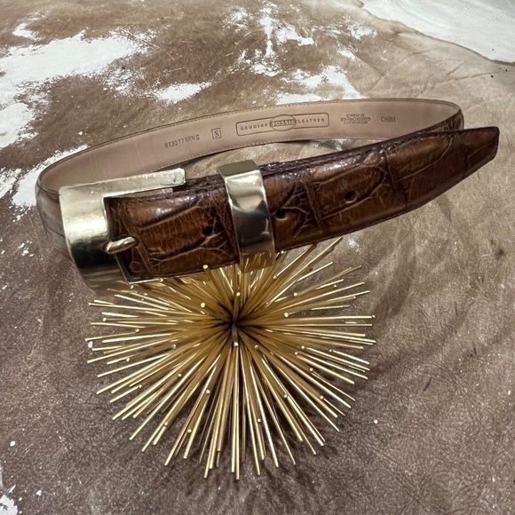 Fossil Leather Embossed Crocodile Belt Caramel Color Cowhide Gold Buckle Small E - Picture 5 of 5